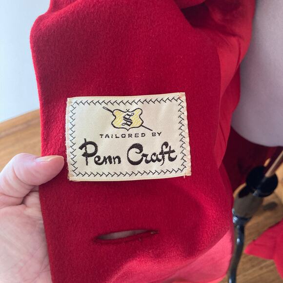 Vintage Penn Craft Red Wool Coat With Fur Collar, Size S/M - Picture 9 of 10